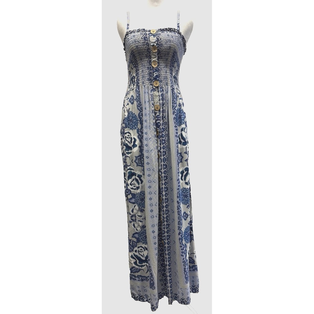 Angie Floral Smocked Maxi Sun Dress Size S Resort Beach Coastal Blue Boho Vaca - Picture 3 of 11
